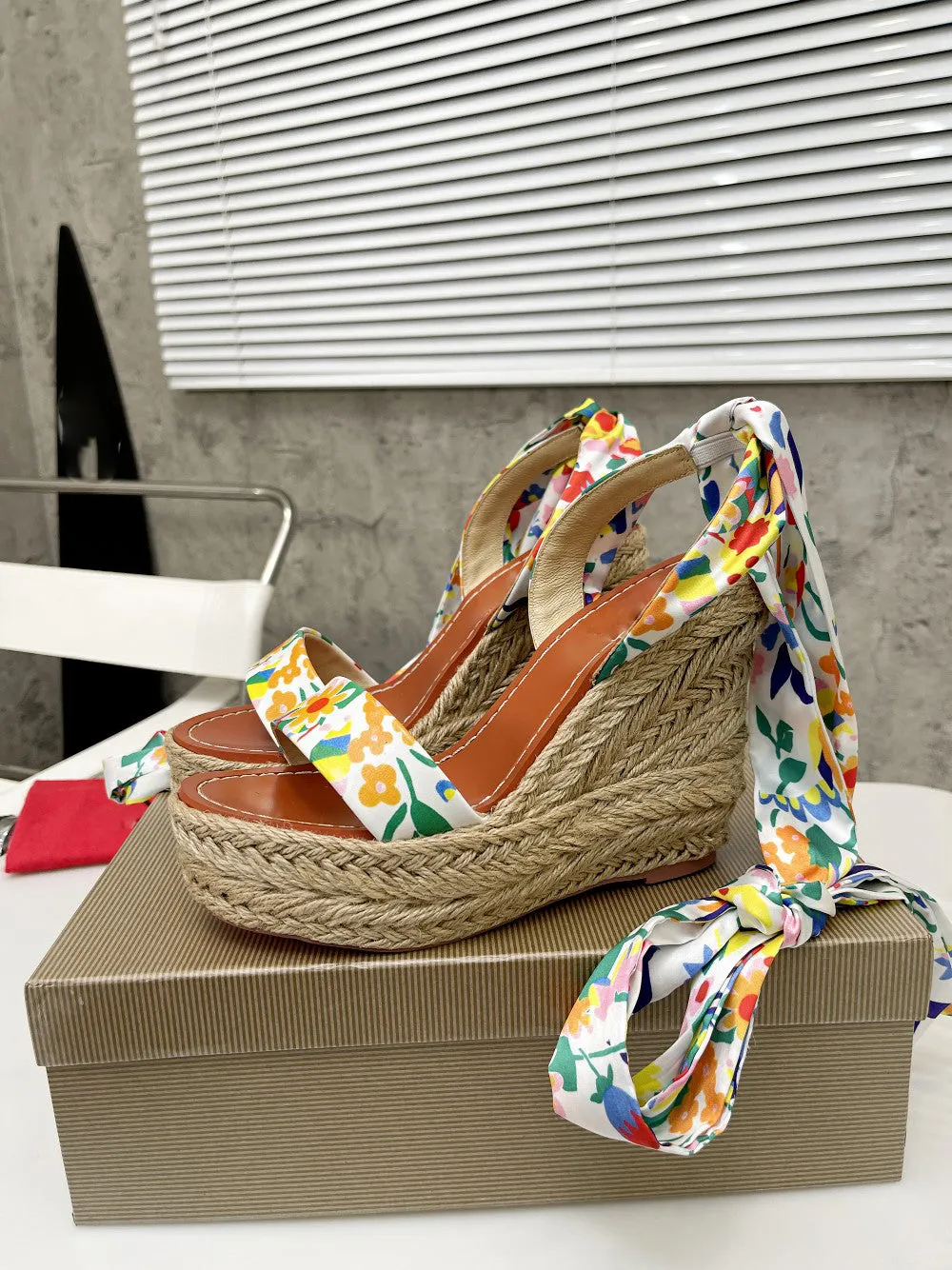 12cm Slope print sandals fashion shoes Strap ankle women high quality 2022 new