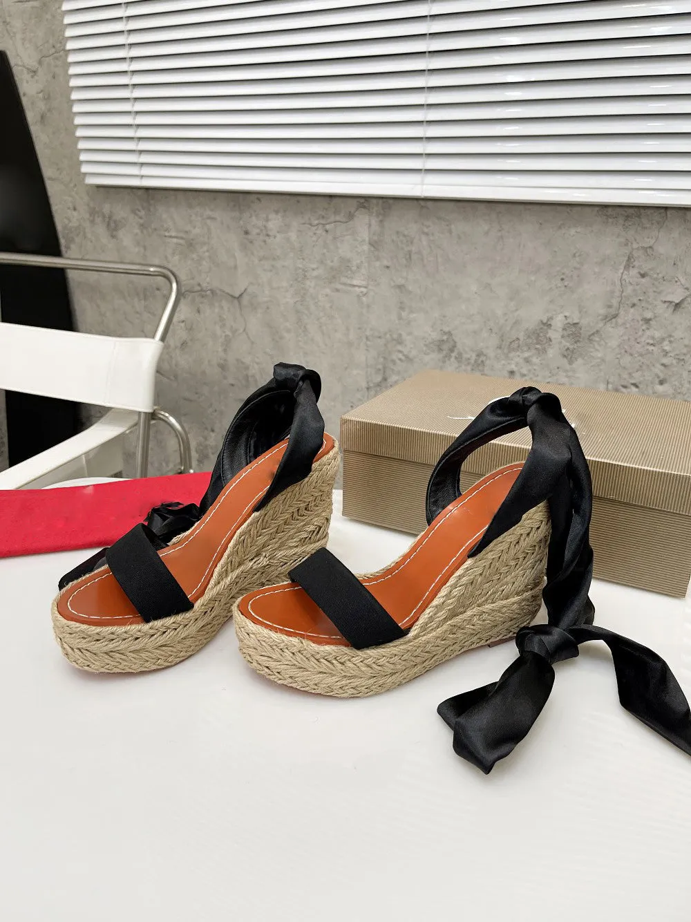 12cm Slope print sandals fashion shoes Strap ankle women high quality 2022 new