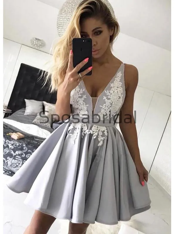 A-line Gray Spaghetti Straps V-Neck Popular Homecoming Dresses BD0426