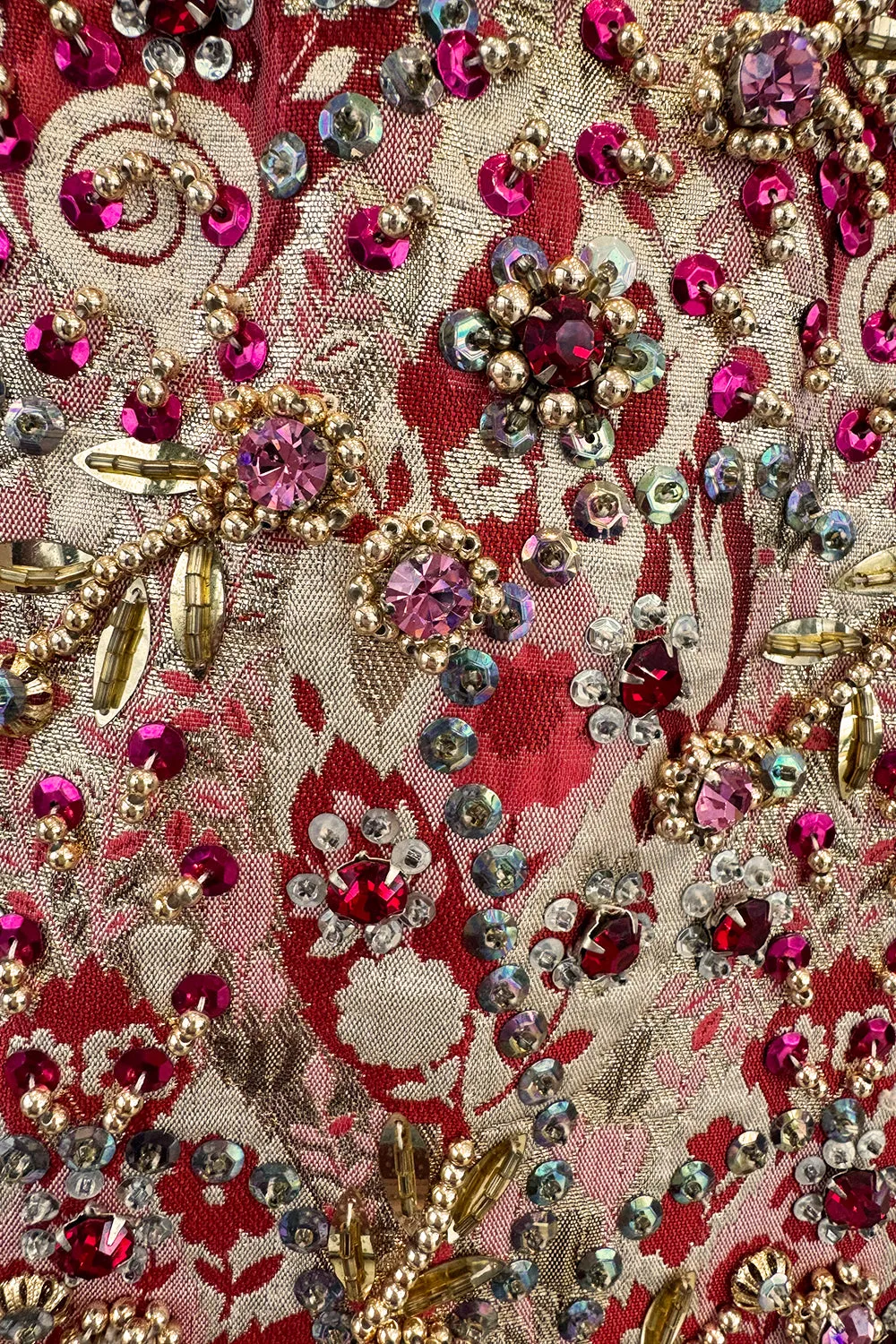 Amazing 1960s Malcolm Starr by Elinor Simmons Red & Gold Thread Dress w Sequin, Beading & Crystal Detailing