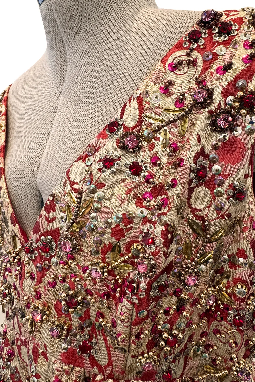Amazing 1960s Malcolm Starr by Elinor Simmons Red & Gold Thread Dress w Sequin, Beading & Crystal Detailing