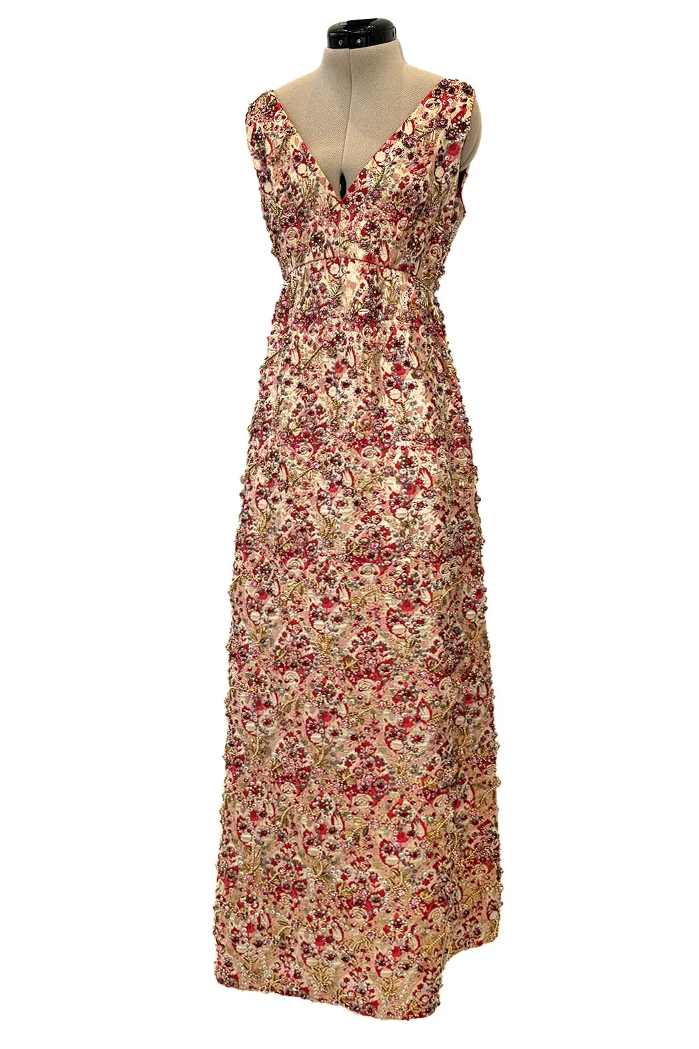 Amazing 1960s Malcolm Starr by Elinor Simmons Red & Gold Thread Dress w Sequin, Beading & Crystal Detailing