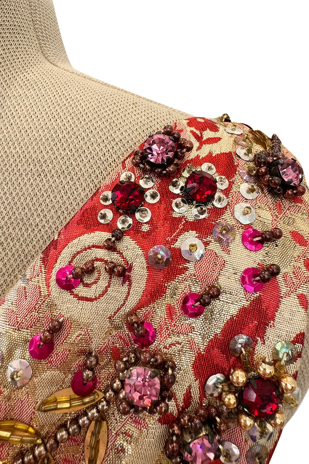 Amazing 1960s Malcolm Starr by Elinor Simmons Red & Gold Thread Dress w Sequin, Beading & Crystal Detailing