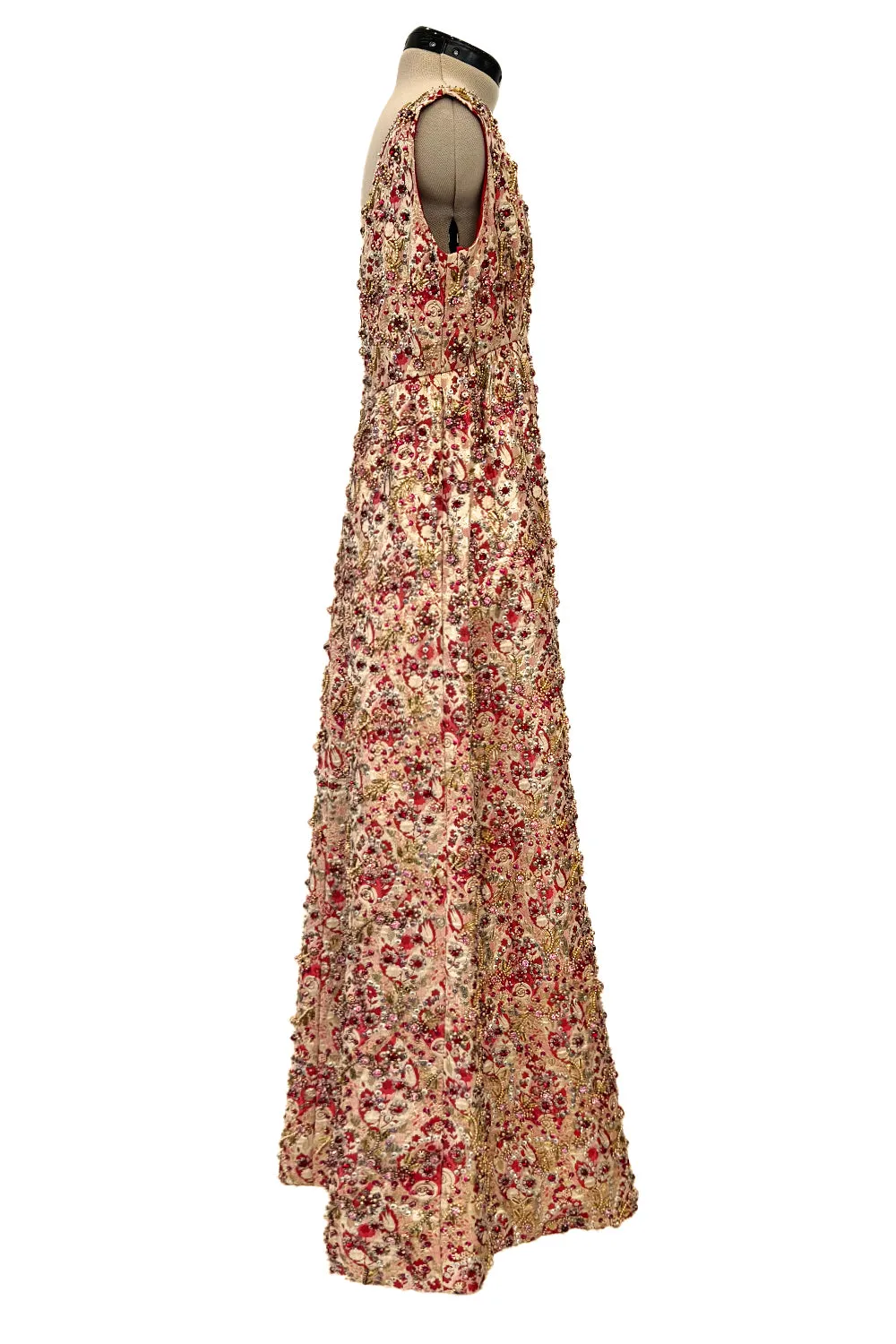 Amazing 1960s Malcolm Starr by Elinor Simmons Red & Gold Thread Dress w Sequin, Beading & Crystal Detailing