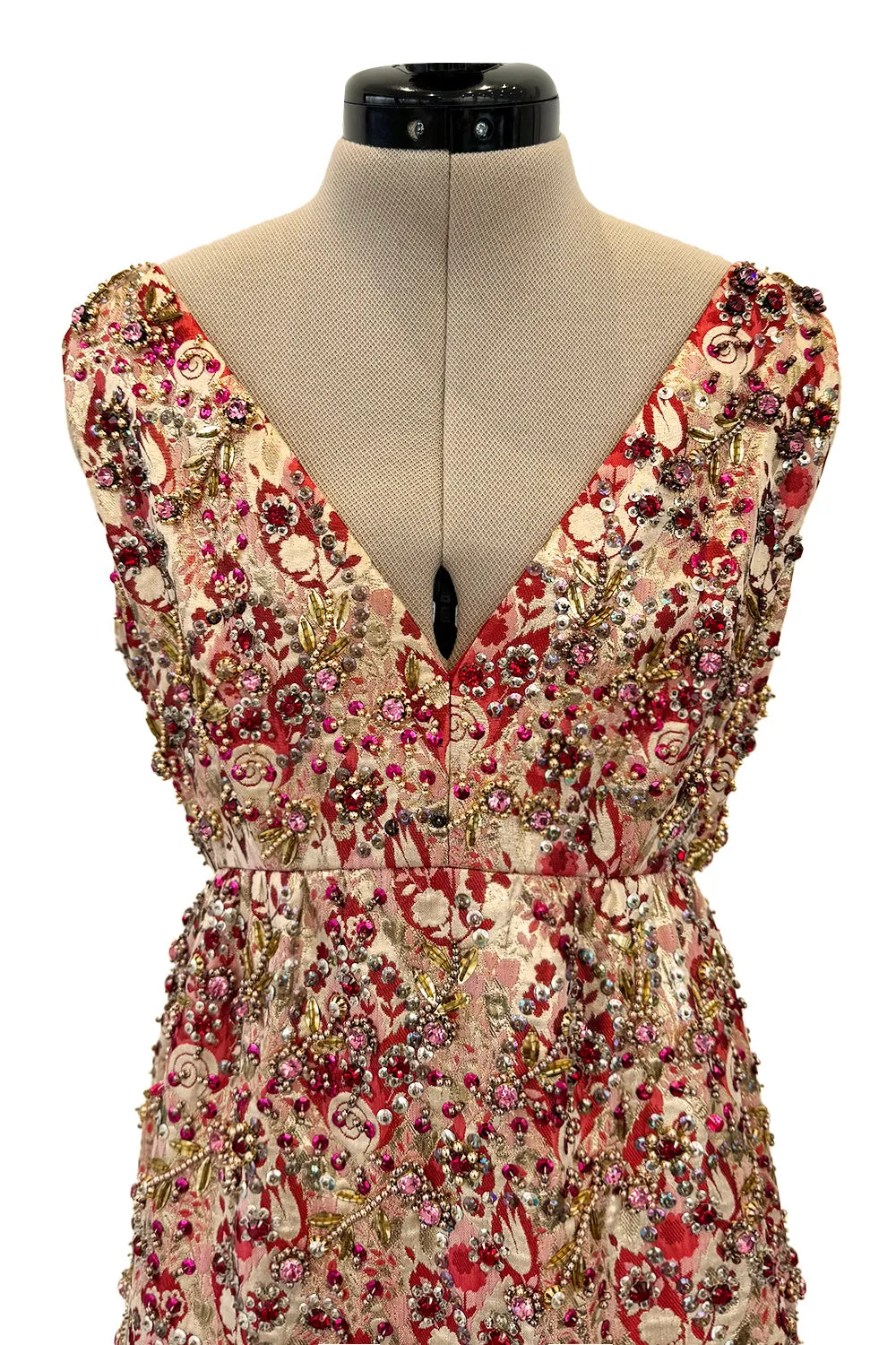 Amazing 1960s Malcolm Starr by Elinor Simmons Red & Gold Thread Dress w Sequin, Beading & Crystal Detailing