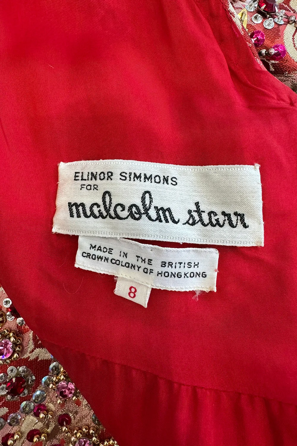 Amazing 1960s Malcolm Starr by Elinor Simmons Red & Gold Thread Dress w Sequin, Beading & Crystal Detailing