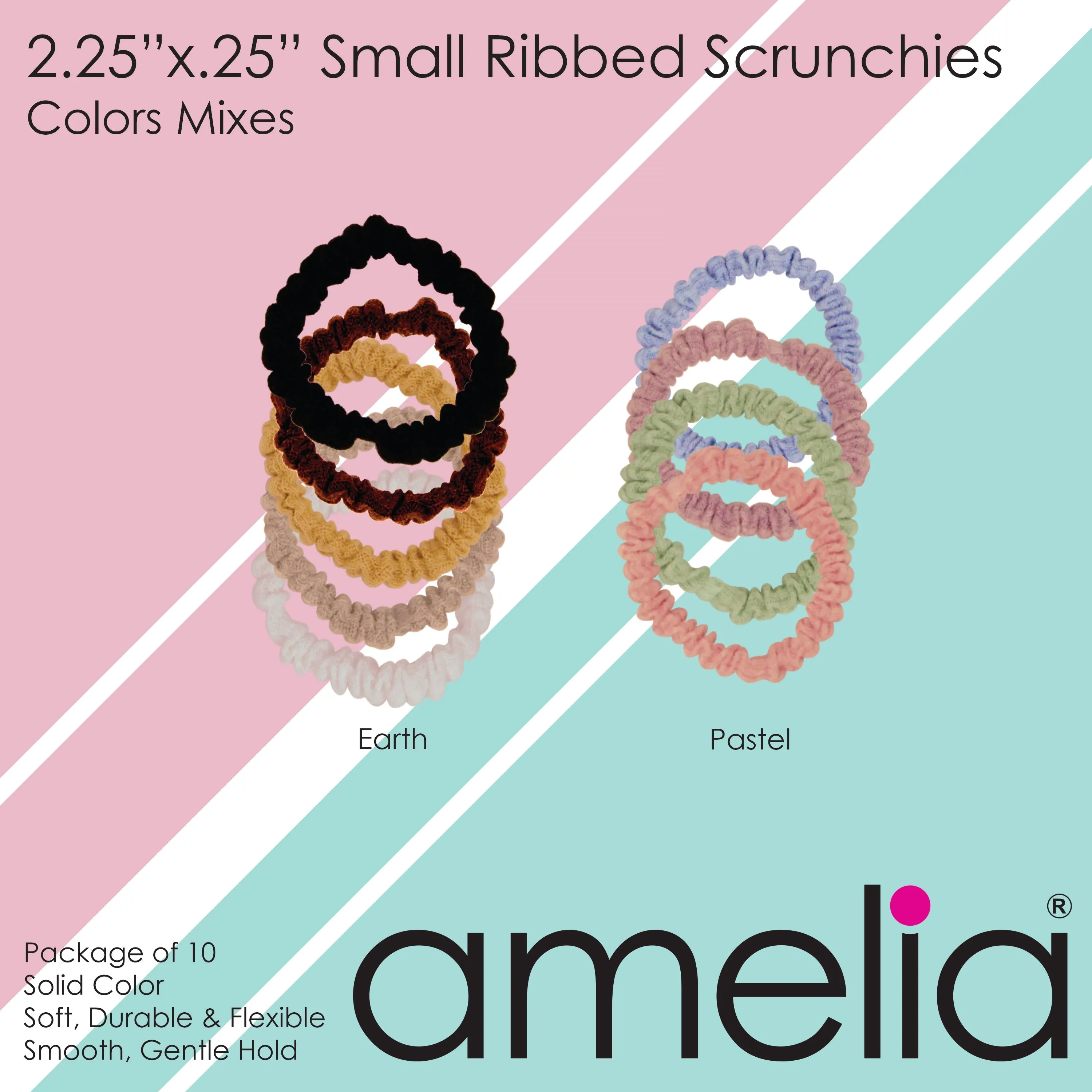 Amelia Beauty, Pastel Blue Ribbed Scrunchies, 2.25in Diameter, Gentle on Hair, Strong Hold, No Snag, No Dents or Creases. 10 Pack