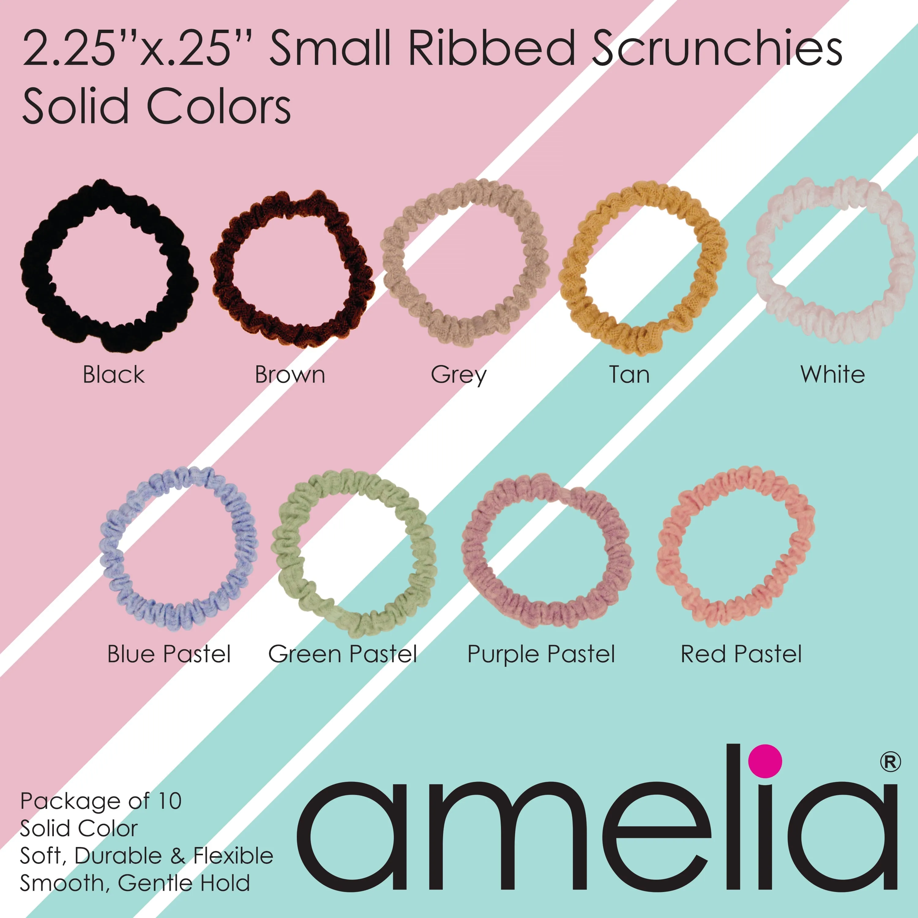 Amelia Beauty, Pastel Blue Ribbed Scrunchies, 2.25in Diameter, Gentle on Hair, Strong Hold, No Snag, No Dents or Creases. 10 Pack