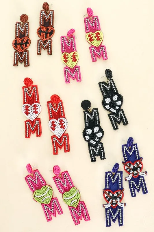 Beaded Rhinestone Mom or Mama Sporty Earrings