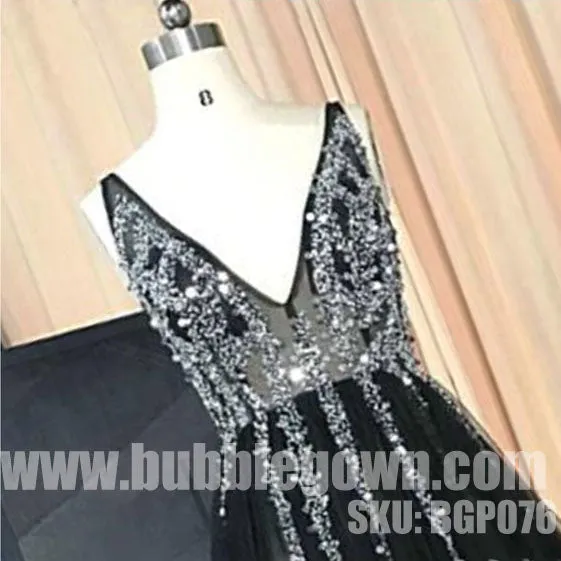 Black V Neck Popular Beaded V Back Cheap Long Prom Dress, BGP076