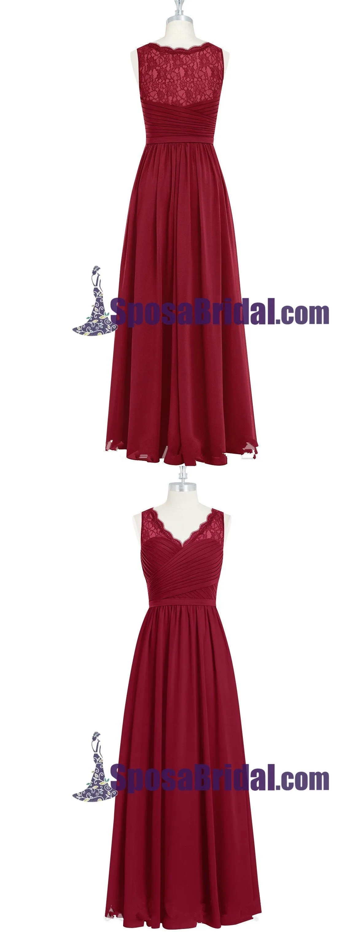 Burgundy Long Chiffon Floor-length Cheap Popular V Neck Bridesmaid Dresses, Wedding Party Dresses , WG236