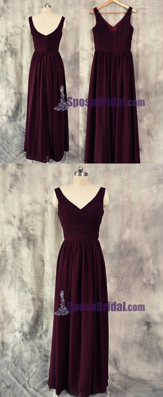 Burgundy V Neck Cheap Chiffon Custom Most Popular Bridesmaid Dresses. Wedding guest dress,  PD0666