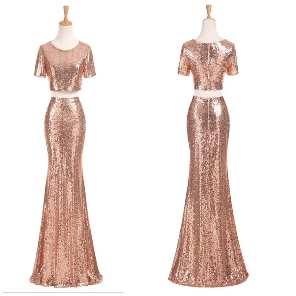 Charming Rose Gold Sequin Two Pieces Long Popular Fashion Prom Dress, Bridesmaid Dress, PD0383