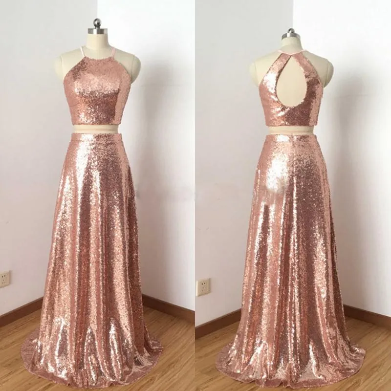 Charming Rose Gold Sequin Two Pieces Long Popular Fashion Prom Dress, Bridesmaid Dress, PD0383