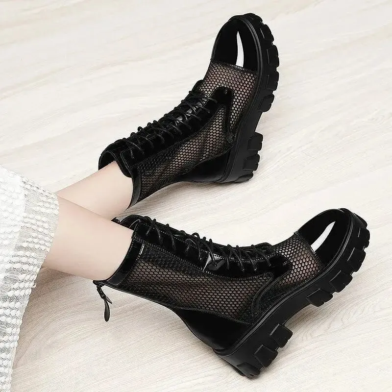Comemore Gothic Black Mesh Lace Up Ankle Boots Platform Shoes