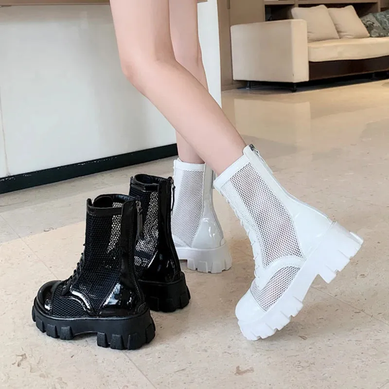 Comemore Gothic Black Mesh Lace Up Ankle Boots Platform Shoes