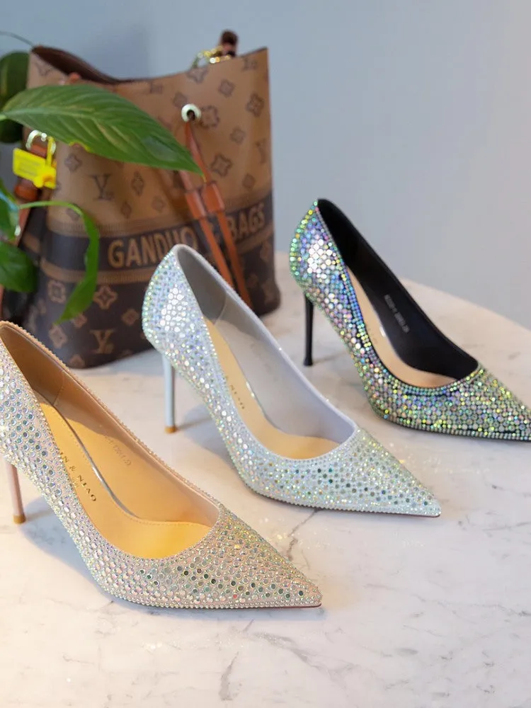 Diamond Bird Banquet Full Diamond Dress High Heels For Women 2023 New Elegant Pointed Stiletto Heel Bridesmaid Pumps
