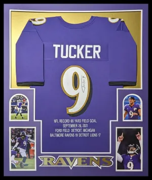 FRAMED BALTIMORE RAVENS JUSTIN TUCKER AUTOGRAPHED SIGNED STAT JERSEY JSA COA