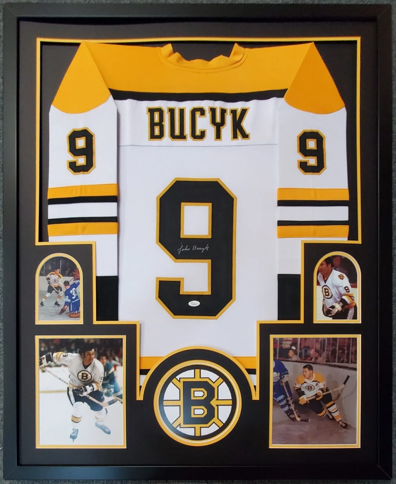FRAMED BOSTON BRUINS JOHNNY BUCYK AUTOGRAPHED SIGNED JERSEY JSA COA