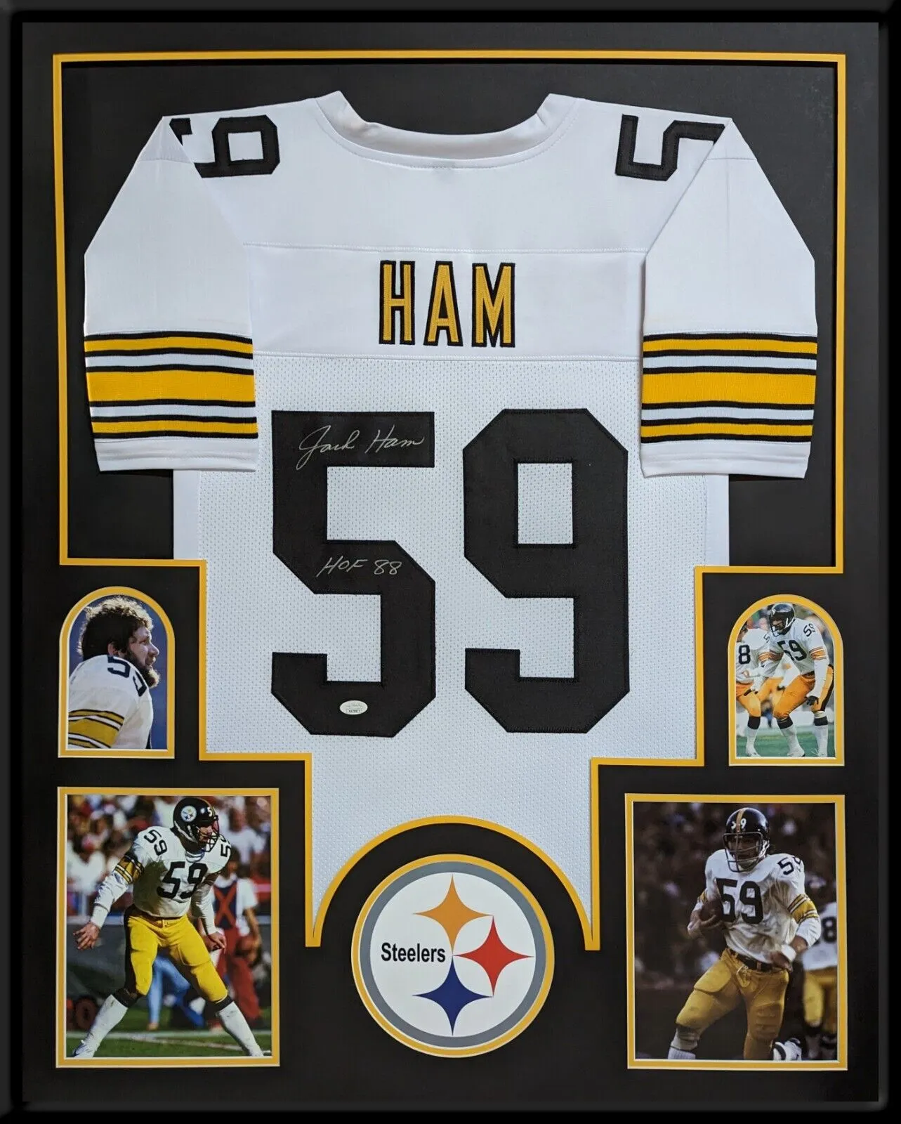 FRAMED JACK HAM AUTOGRAPHED SIGNED INSC PITTSBURGH STEELERS JERSEY JSA COA