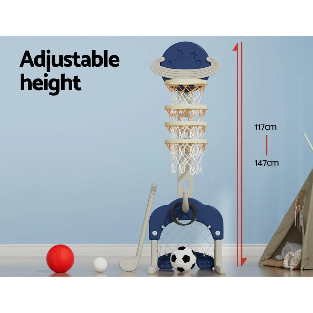 Keezi Kids Basketball Hoop Stand Adjustable 6-in-1 Sports Center Toys Set Blue - ONLINE ONLY