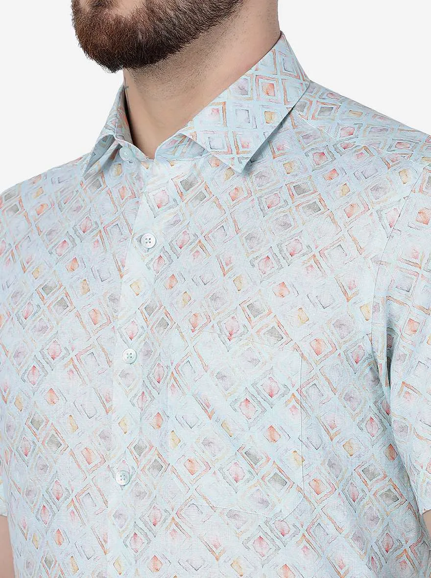 Light Blue Printed Regular Fit Formal Shirt | JadeBlue