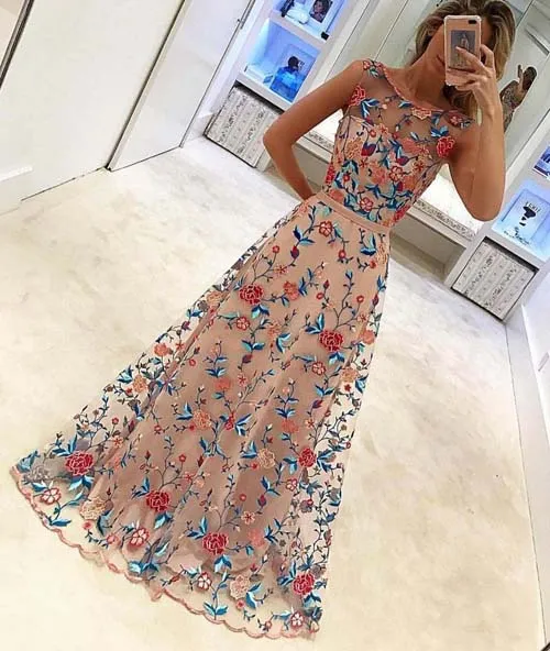 New Arrival Popular A Line Sleeveless Formal Dress Long Prom Dresses with Embroidery, M291