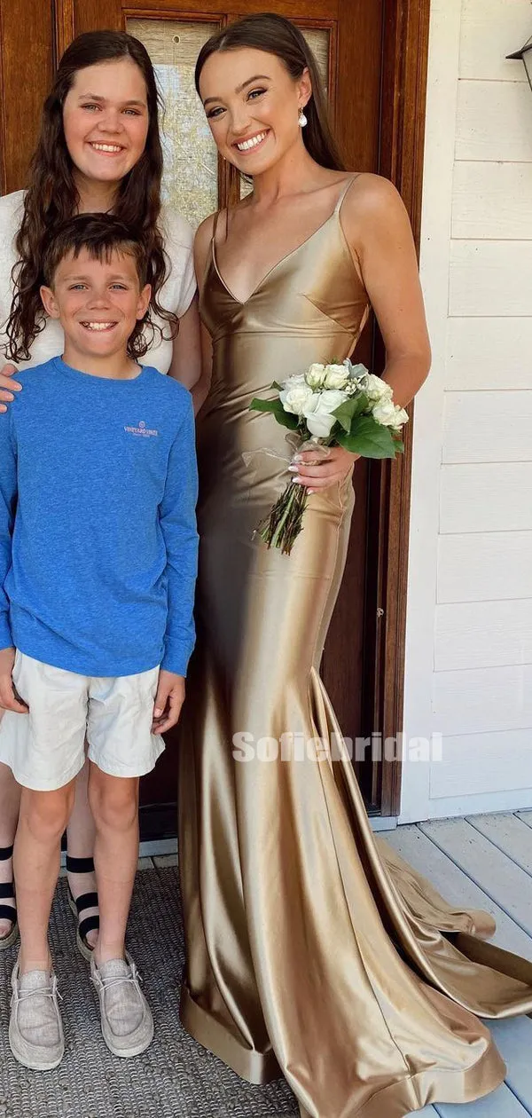 New V-neck Mermaid Soft Satin Open Back Simple Prom Dresses,SFPD0173