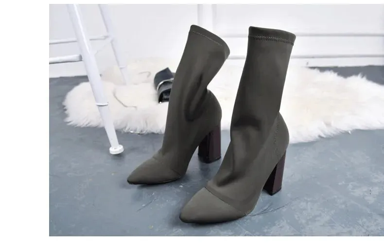 Pointed Toe Sock Boots Square High Heel Boots
