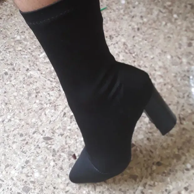 Pointed Toe Sock Boots Square High Heel Boots