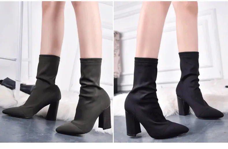 Pointed Toe Sock Boots Square High Heel Boots