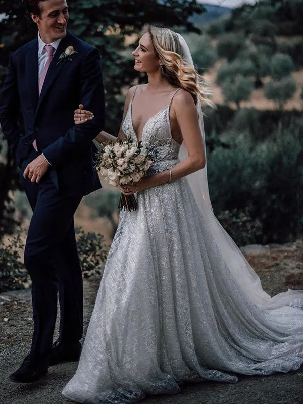 Popular V-ncek Open Back A-line Simple Wedding Dresses. WDS0100