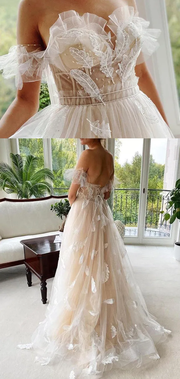 Sexy Light Champagne Off-shoulder Feather Lace-up Back A-line Prom Dress, PD0430