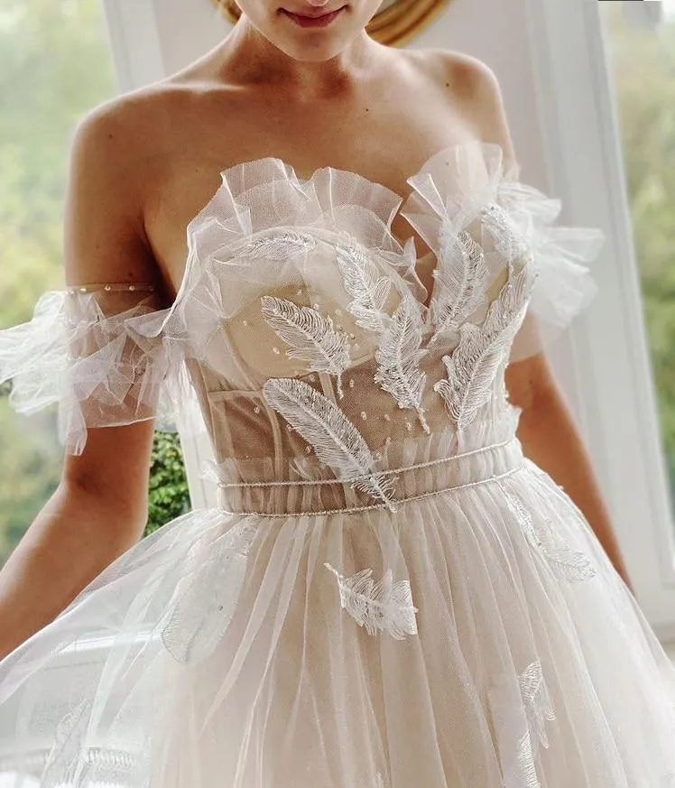 Sexy Light Champagne Off-shoulder Feather Lace-up Back A-line Prom Dress, PD0430