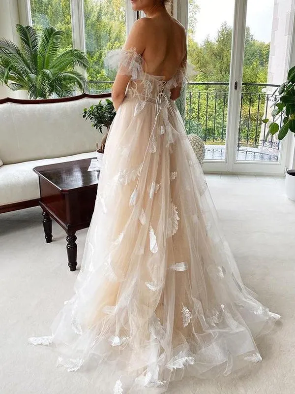 Sexy Light Champagne Off-shoulder Feather Lace-up Back A-line Prom Dress, PD0430