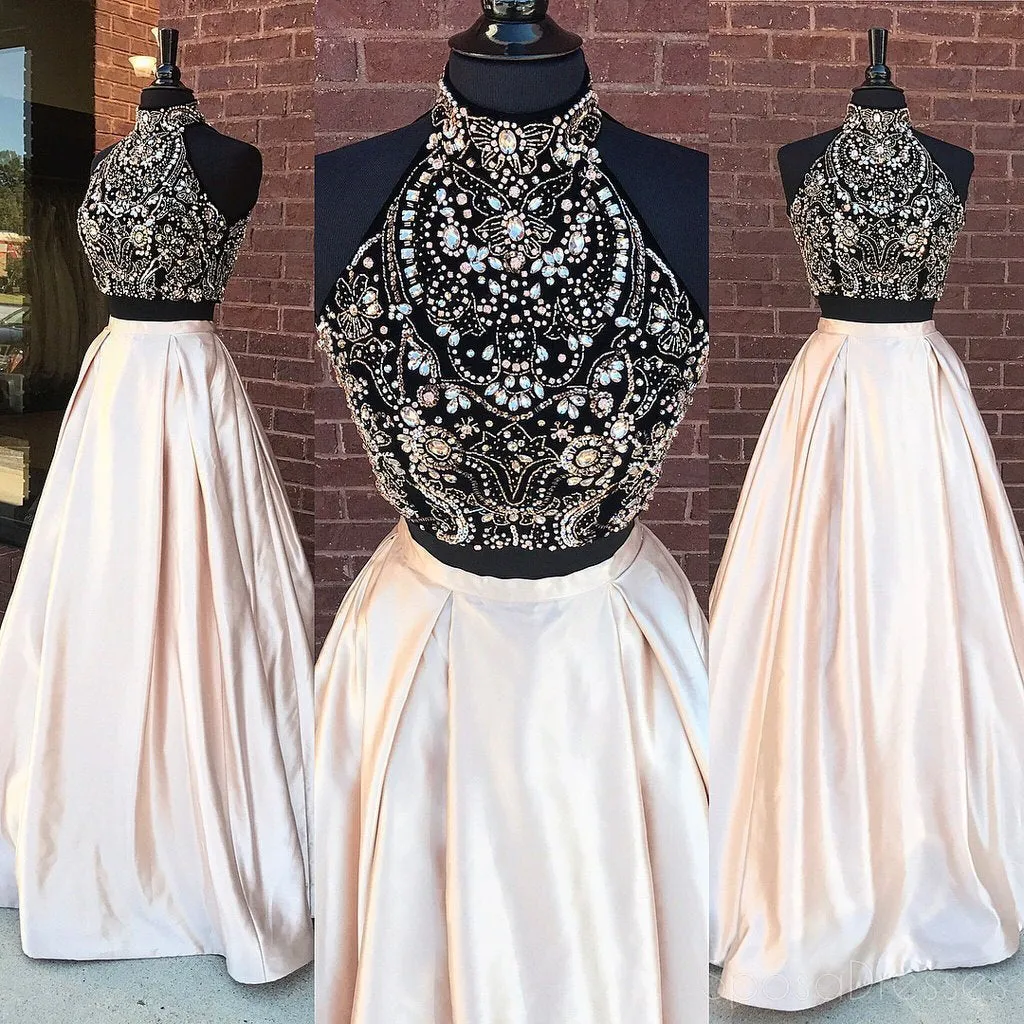 Sexy Two Pieces Delicate Beaded Black Top Blush Pink Skirt Long Evening Prom Dresses, Popular Cheap Long 2018 Party Prom Dresses, 17283