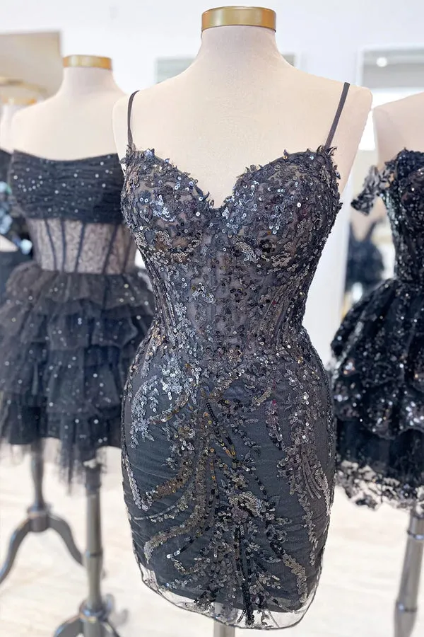 Sheath Spaghetti Straps Corset Homecoming Dress with Sequins TN434