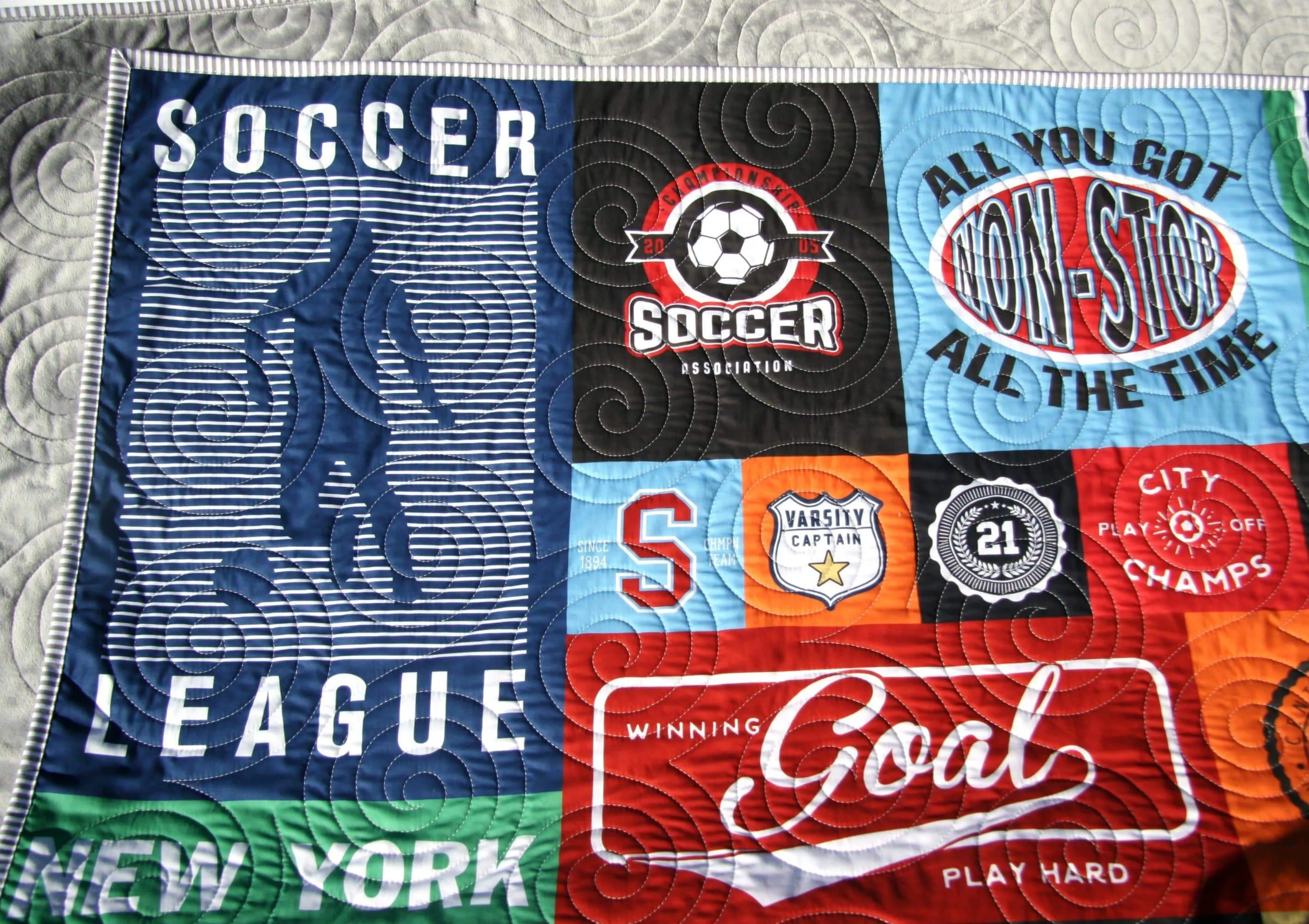 Soccer Quilt, Gift for Him, Patchwork Blanket, Adult Minky, Varsity Sports Fan, Handmade Quilt, Home Decor for Man, Homemade Personalize