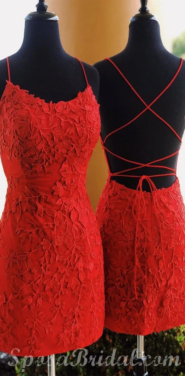 Spaghetti Straps Lace Appliques Pink Red Blue Yellow Mermaid Cute Homecoming Dresses, Short Popular Prom Dress,BD0417