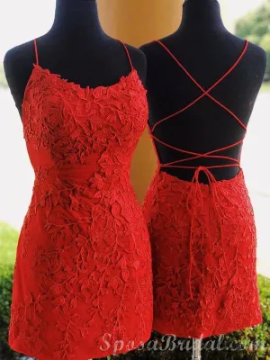 Spaghetti Straps Lace Appliques Pink Red Blue Yellow Mermaid Cute Homecoming Dresses, Short Popular Prom Dress,BD0417