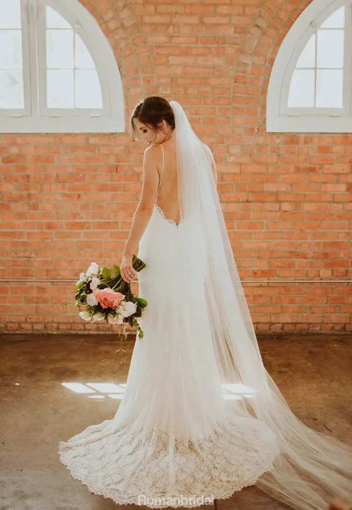 Spaghetti Straps V-neck Full Lace Backless Wedding Dresses, WD0433
