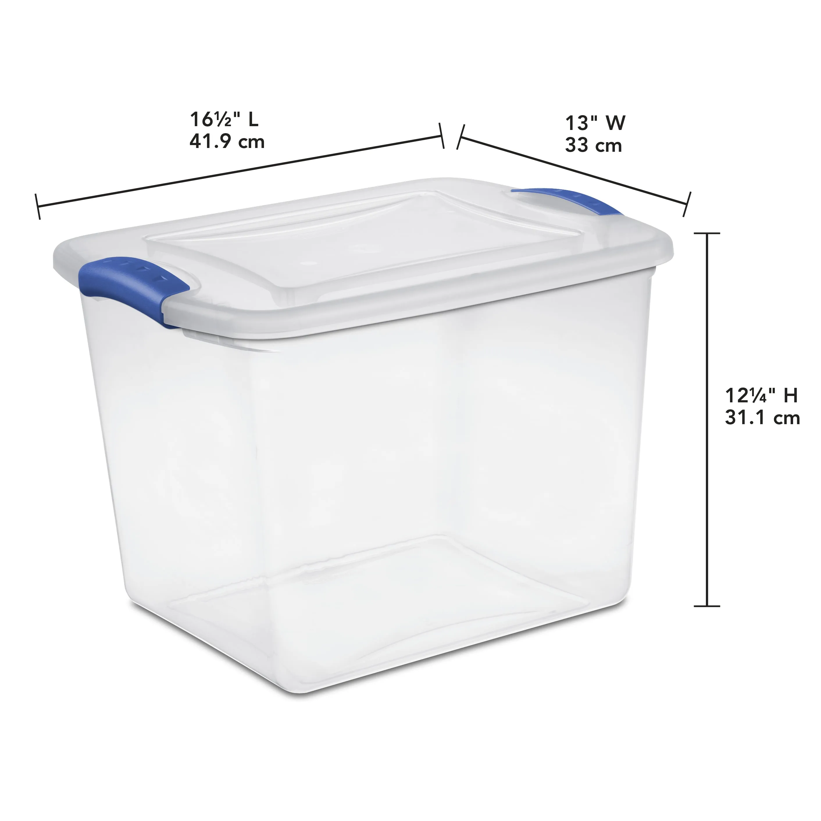 Sterilite 27 Qt.Clear Plastic Latching Box, Blue Latches with Clear Lid.