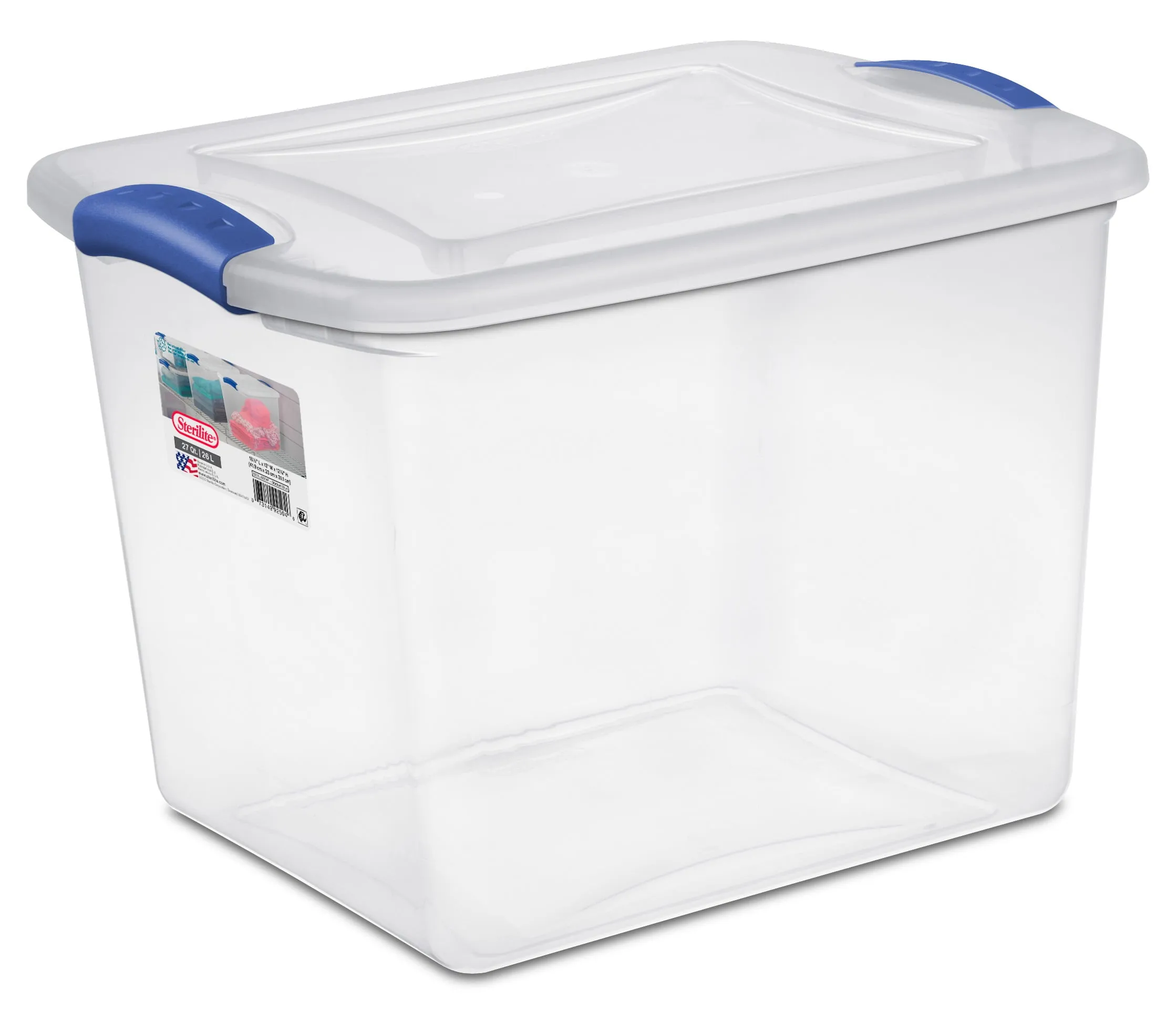 Sterilite 27 Qt.Clear Plastic Latching Box, Blue Latches with Clear Lid.