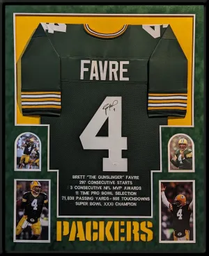 SUEDE FRAMED GREEN BAY PACKERS BRETT FAVRE AUTOGRAPHED SIGNED STAT JERSEY JSA