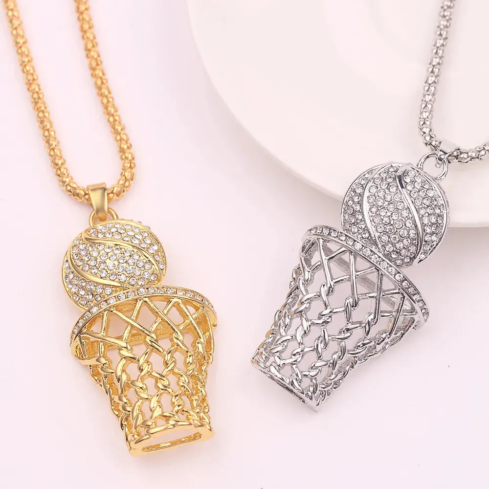 Trendy Bohemian Crystal Basketball Pendant Necklace - Gold-Plated Metal Sliding Necklace for Men