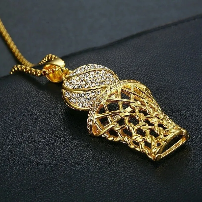 Trendy Bohemian Crystal Basketball Pendant Necklace - Gold-Plated Metal Sliding Necklace for Men