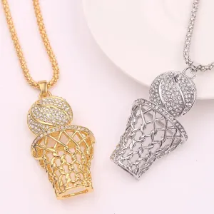 Trendy Bohemian Crystal Basketball Pendant Necklace - Gold-Plated Metal Sliding Necklace for Men
