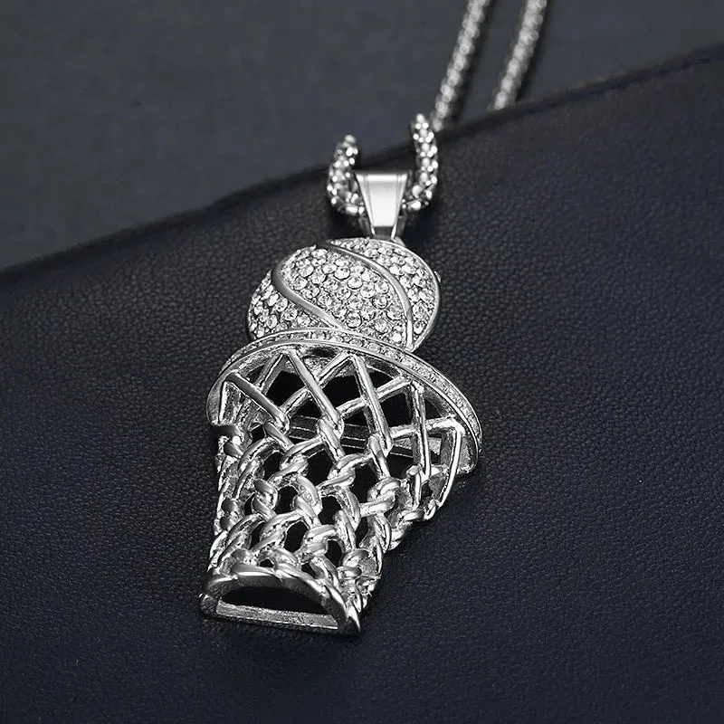 Trendy Bohemian Crystal Basketball Pendant Necklace - Gold-Plated Metal Sliding Necklace for Men