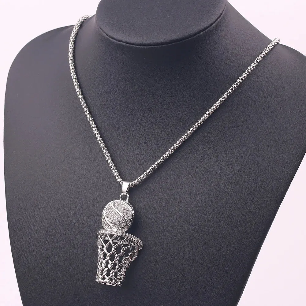 Trendy Bohemian Crystal Basketball Pendant Necklace - Gold-Plated Metal Sliding Necklace for Men