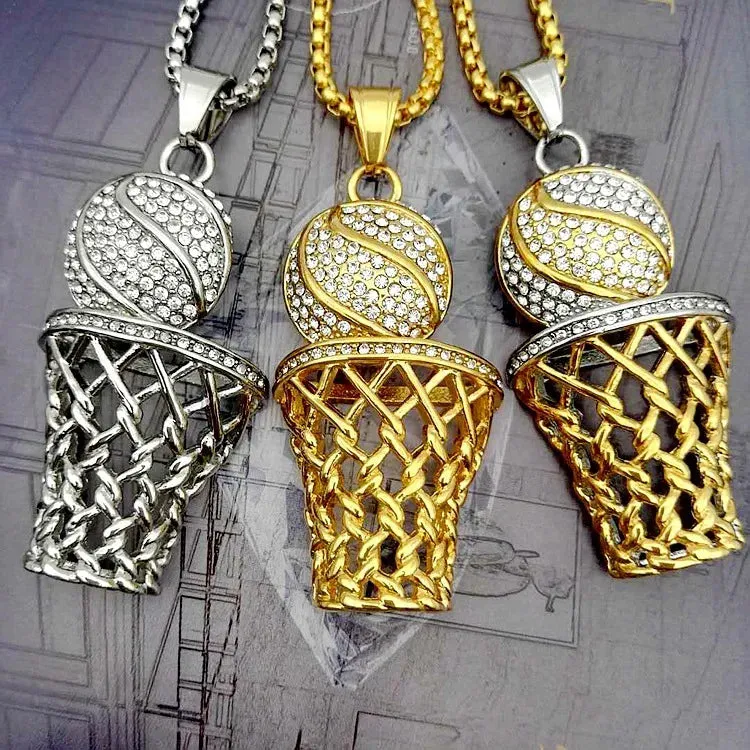Trendy Bohemian Crystal Basketball Pendant Necklace - Gold-Plated Metal Sliding Necklace for Men